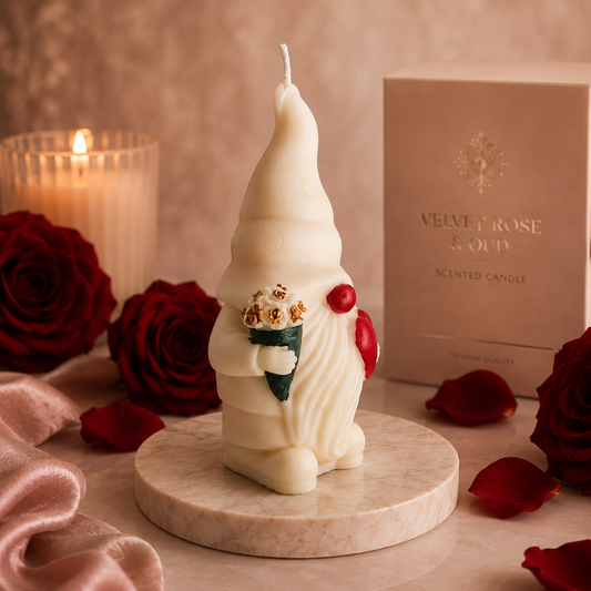 Gnome Holding a Love Heart & Flowers Soy Wax Candle - Velvet Rose & Oud Scented