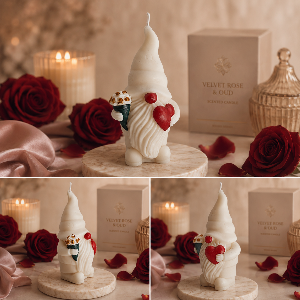 Gnome Holding a Love Heart & Flowers Soy Wax Candle - Velvet Rose & Oud Scented