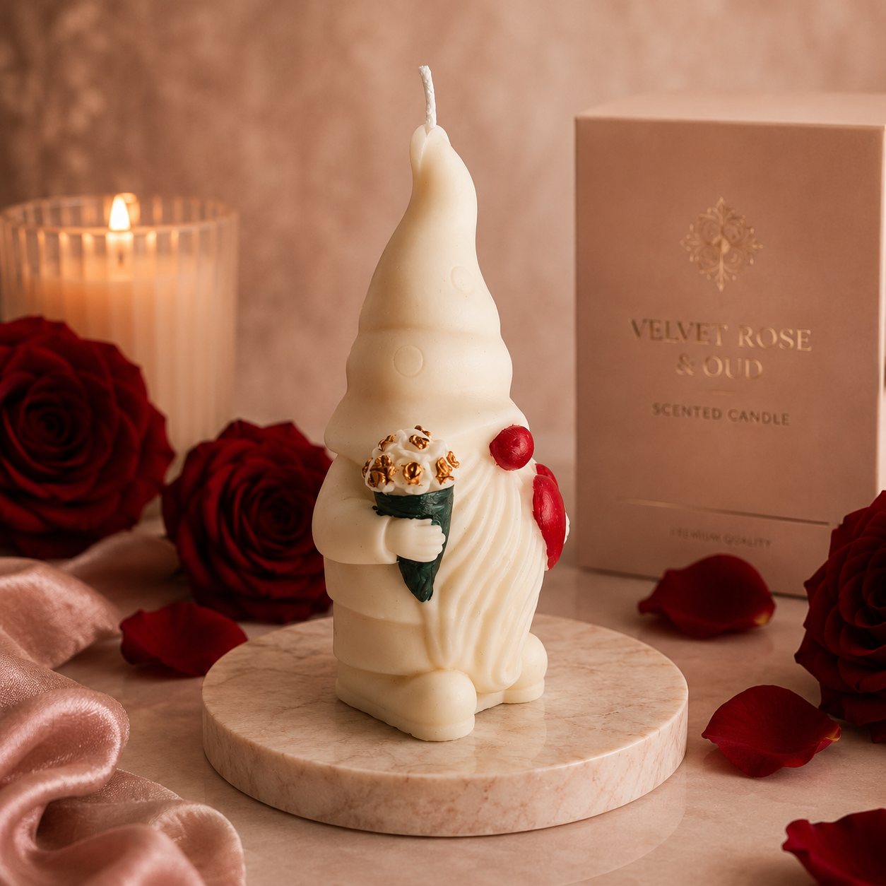 Gnome Holding a Love Heart & Flowers Soy Wax Candle - Velvet Rose & Oud Scented