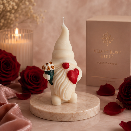 Gnome Holding a Love Heart & Flowers Soy Wax Candle - Velvet Rose & Oud Scented